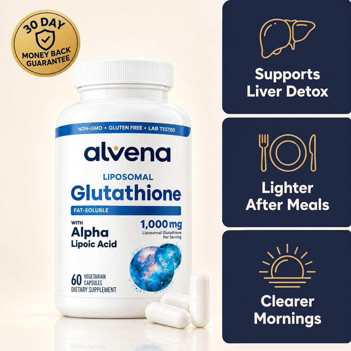 Alvena Liposomal Glutathione for liver support, 30-day money back guarantee