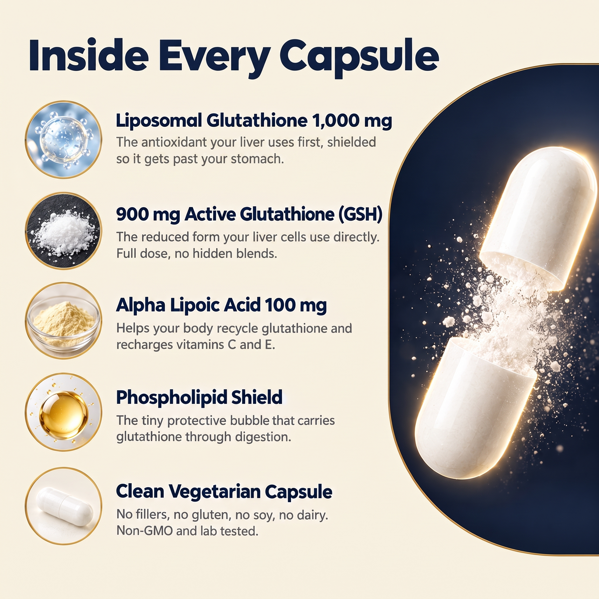 Inside every capsule: 1,000 mg liposomal glutathione and 100 mg ALA